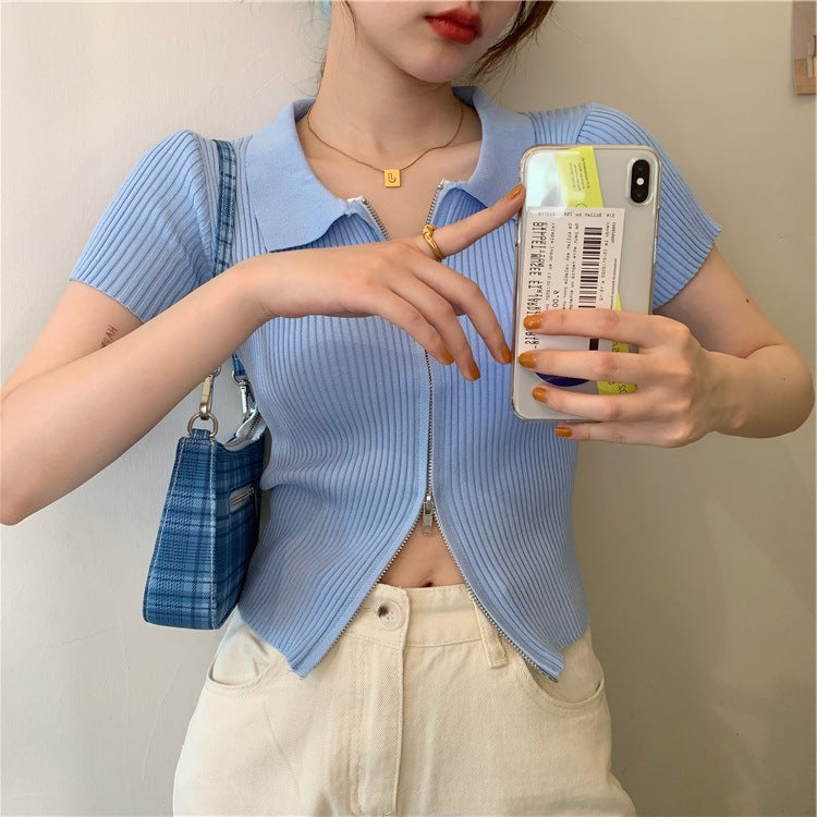 Zip short sleeve ice silk top
