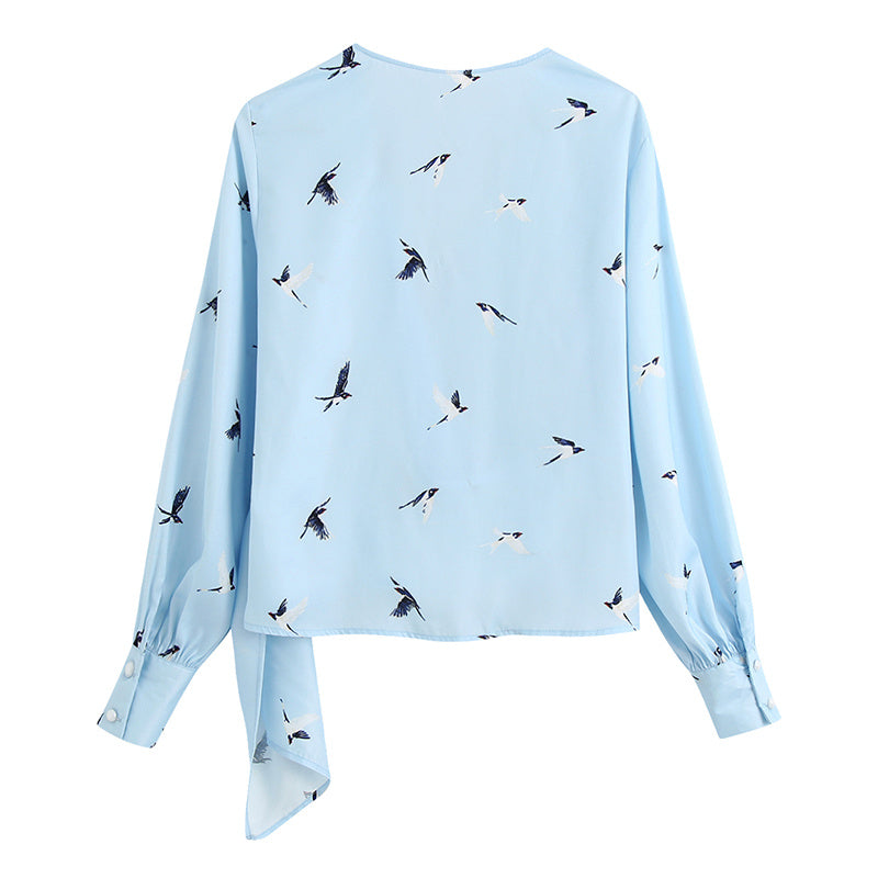 Swallow print silk satin V-neck short shirt