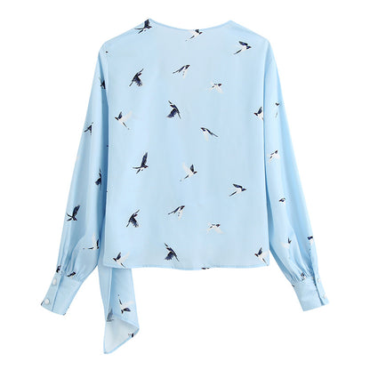 Swallow print silk satin V-neck short shirt