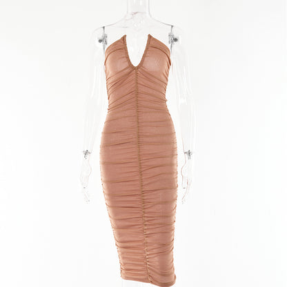Women's Bright Silk Halter Neck Over-the-knee Dress
