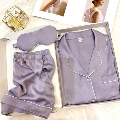 Women's Square Diamond Button Ice Silk Short Sleeve Casual Silk Pajamas Two-piece Set