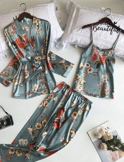 Printed Long Sleeve Imitation Silk Homewear