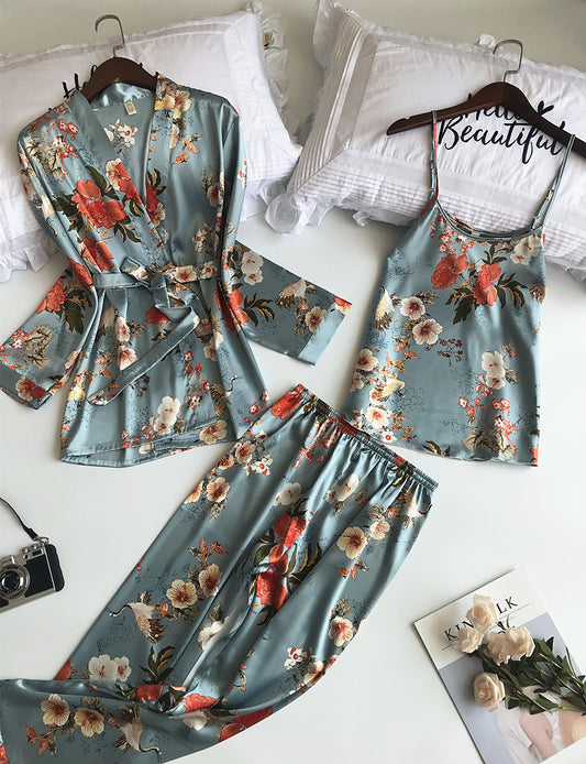 Printed Long Sleeve Imitation Silk Homewear