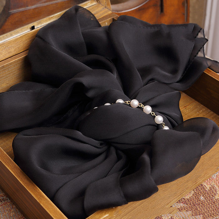 Pure Black Long Silk Scarf