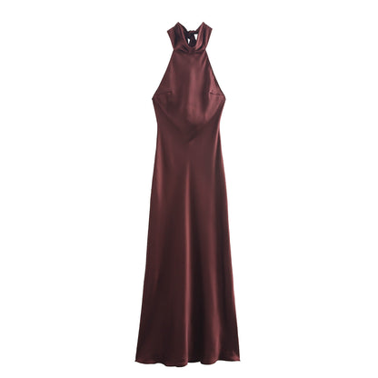 European And American Style Hanging Collar Silk Satin Texture Backless Dress