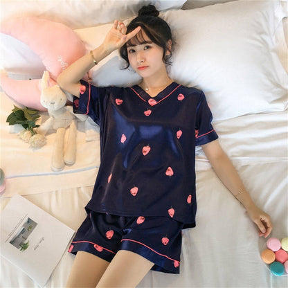Women's Loose Casual Short Sleeve Ice Silk Pajama Set