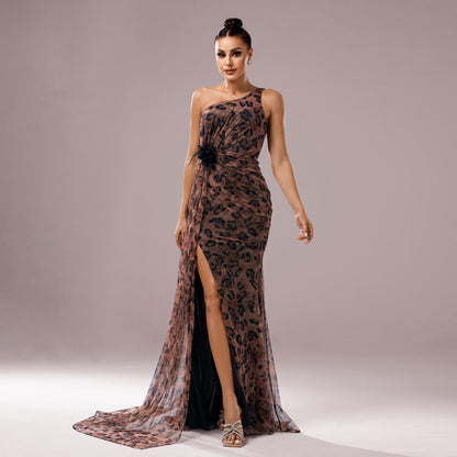 Celestia Noir – One-Shoulder Sequined Leopard Gown