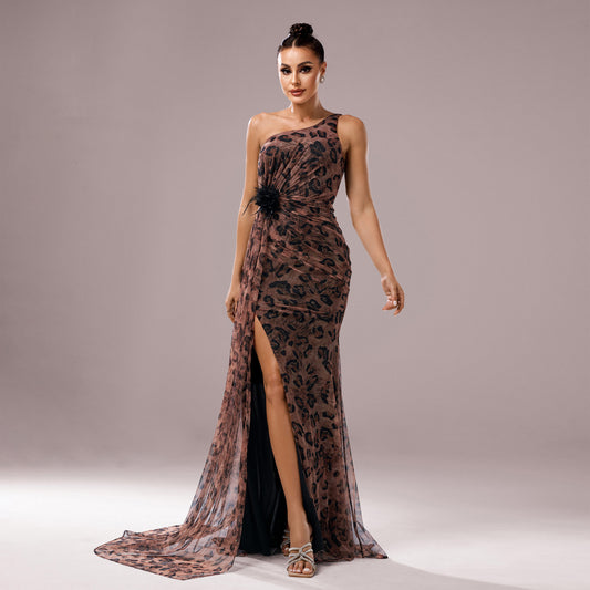 Celestia Noir – One-Shoulder Sequined Leopard Gown