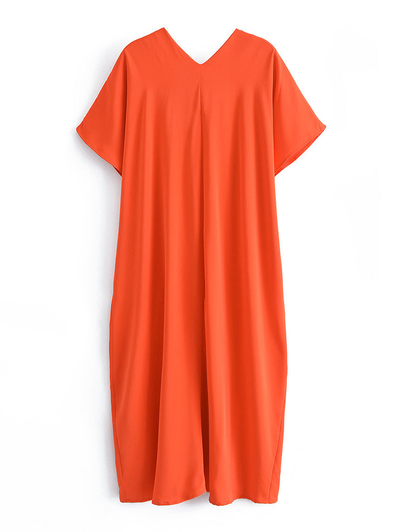 Women's V-neck Orange Women's Loose Casual Silk Satin Texture Long Shirt Dress