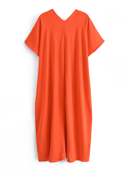 Women's V-neck Orange Women's Loose Casual Silk Satin Texture Long Shirt Dress