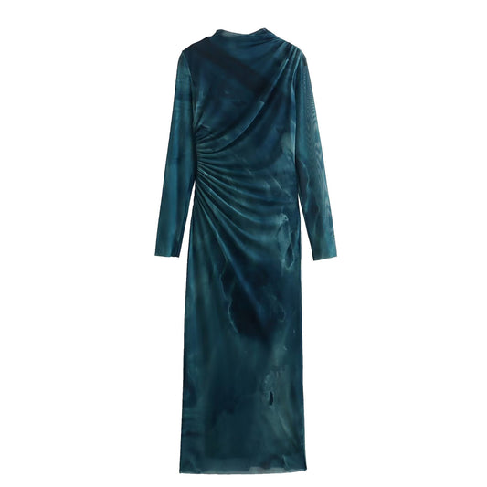 French Silk Net Printed Slim-fit Long Sleeve Dress
