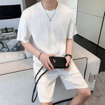 New Men's Ice Silk Fashion Short Sleeve Shorts Set