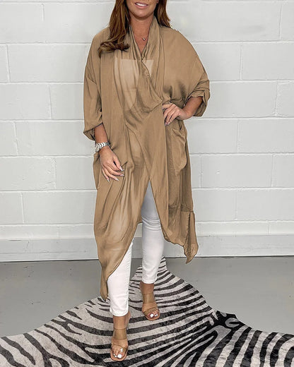 New Slimming Silk Loose V-neck Design Solid Color Top