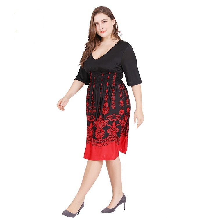 Women's Loose Round Neck Ice Silk Printed Large Swing Dress