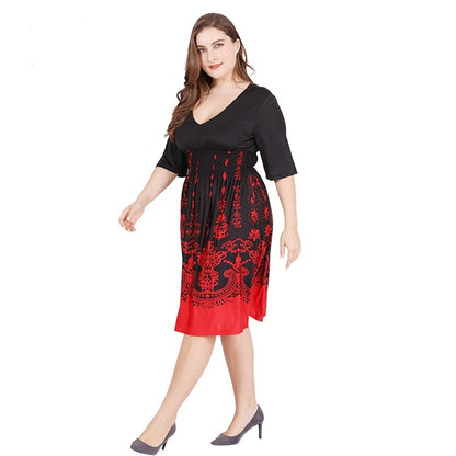 Women's Loose Round Neck Ice Silk Printed Large Swing Dress
