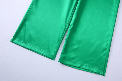 Silk Satin Blazer Straight Leg Trousers Set