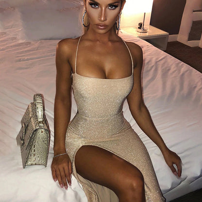 European And American Fashion Leak Back Gold Silk Skirt