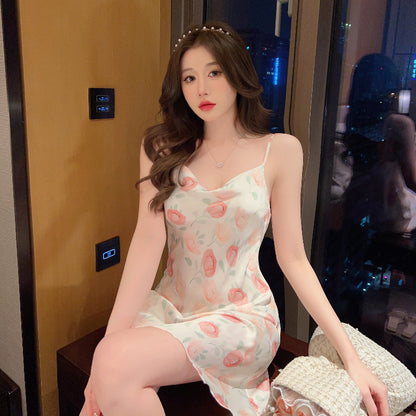 Women's Ice Silk Printed Imitation Silk Sling Sleeping Dress Thin Style