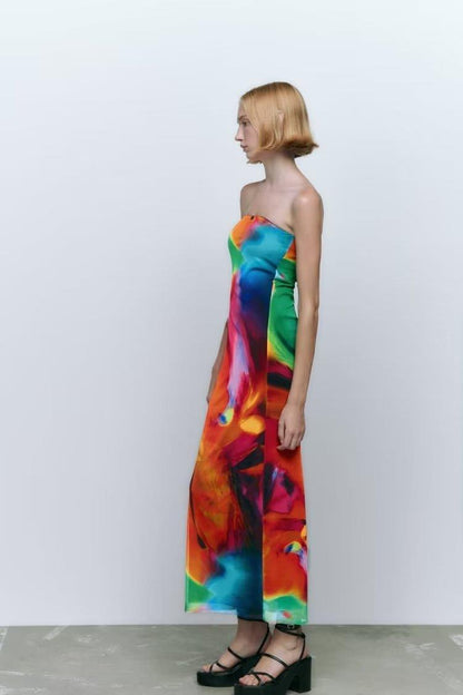 Women's Bandeau Slim-fit Slimming Printed Silk Net Dress