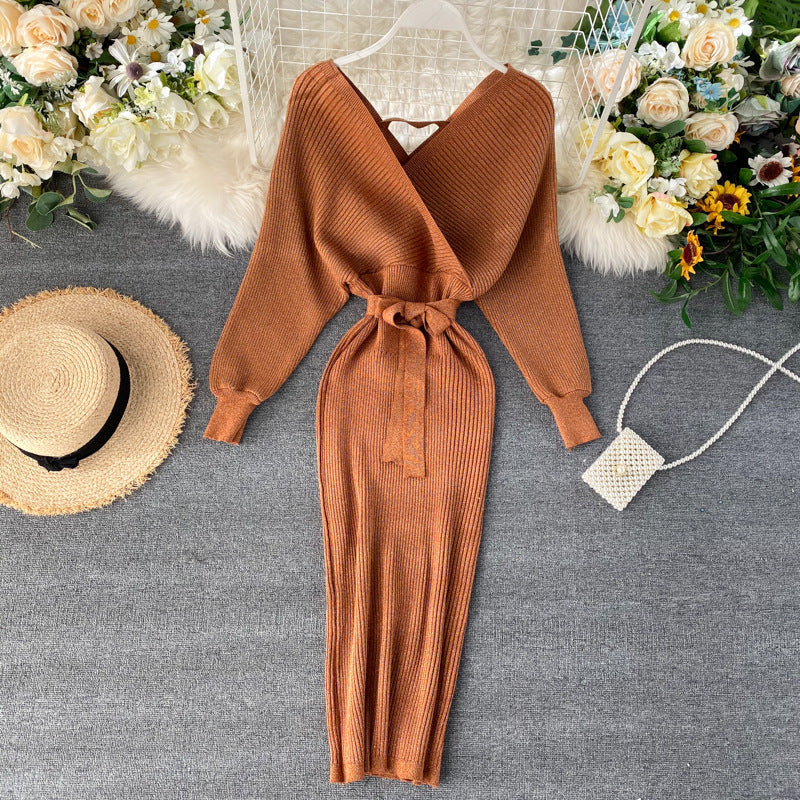 Fashionable And Simple V-neck Bright Silk Knitted Dress