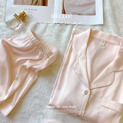 Women's Square Diamond Button Ice Silk Short Sleeve Casual Silk Pajamas Two-piece Set