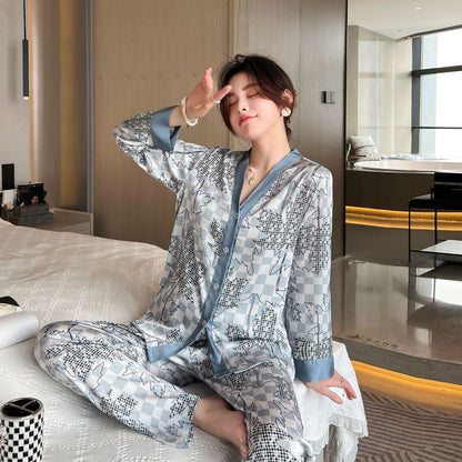 Ladies Ice Silk Pajamas Long Sleeve Cardigan Set