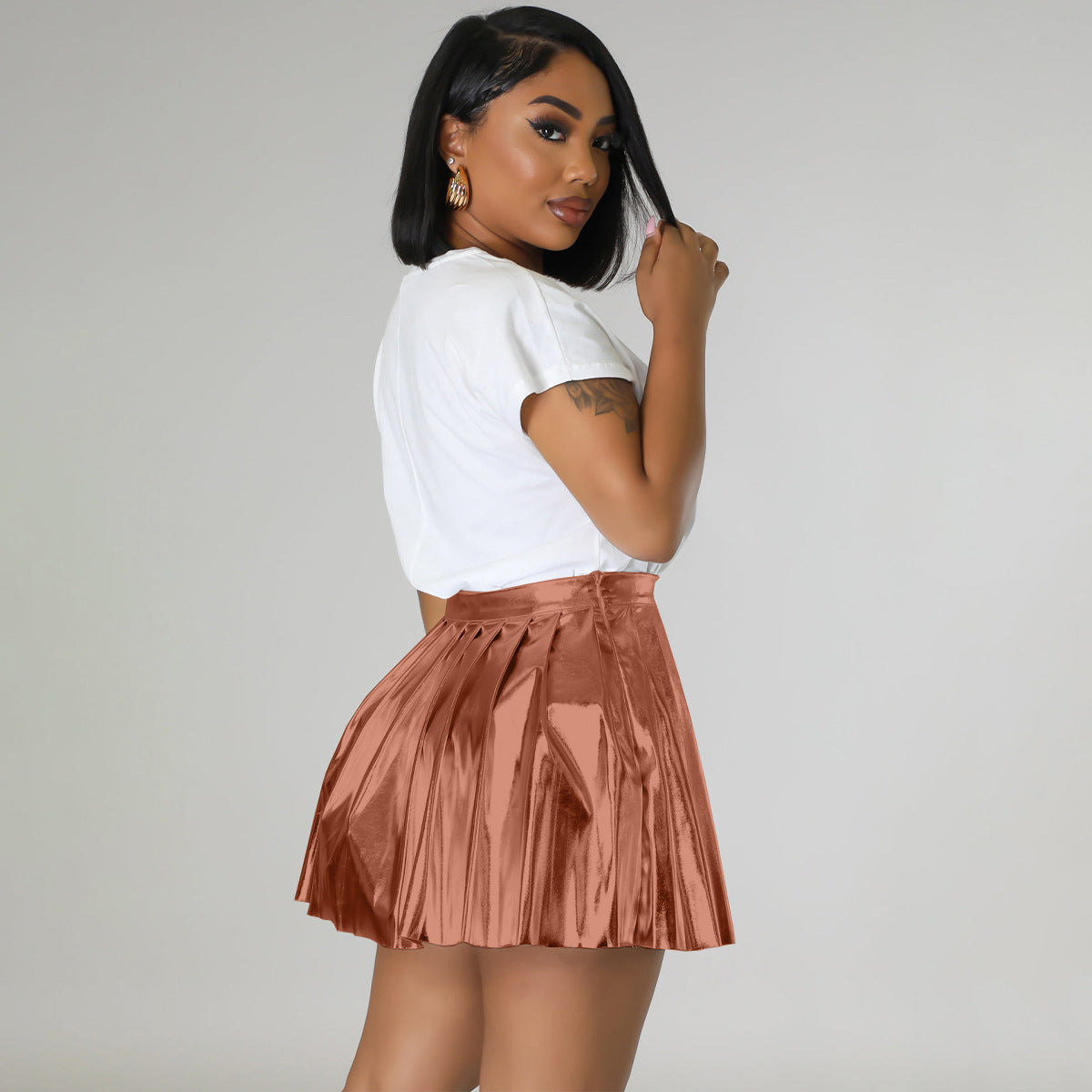 Ice Silk Bronzing Pleated Skirt Zipper Elastic Waist