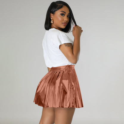 Ice Silk Bronzing Pleated Skirt Zipper Elastic Waist