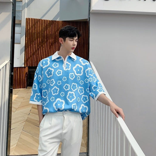 Satin silk contrast flower T-shirt