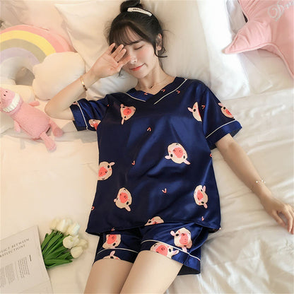Women's Loose Casual Short Sleeve Ice Silk Pajama Set