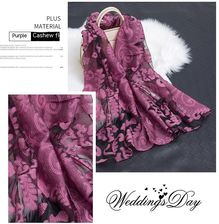 Lace Stitching Cut Flower Paisley Silk Scarf