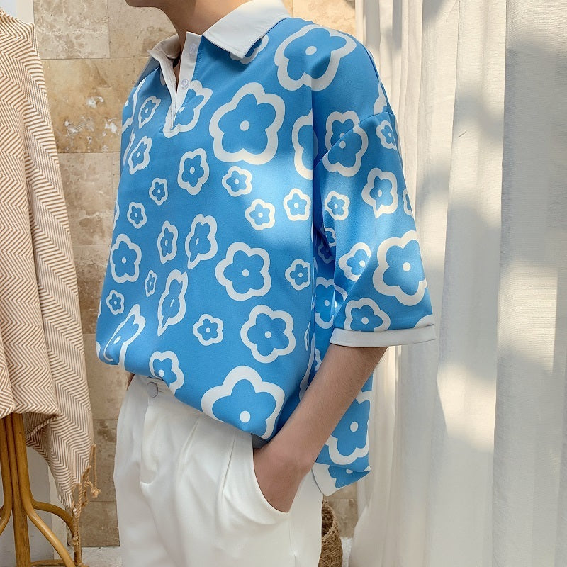 Satin silk contrast flower T-shirt