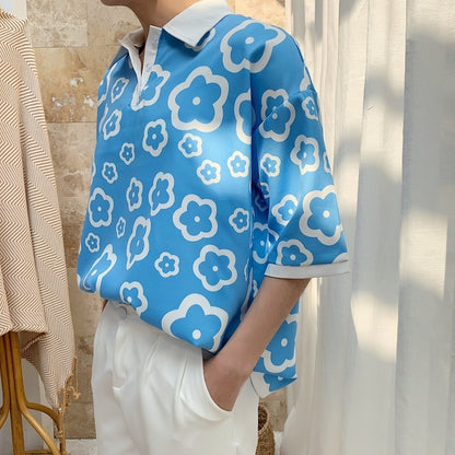 Satin silk contrast flower T-shirt