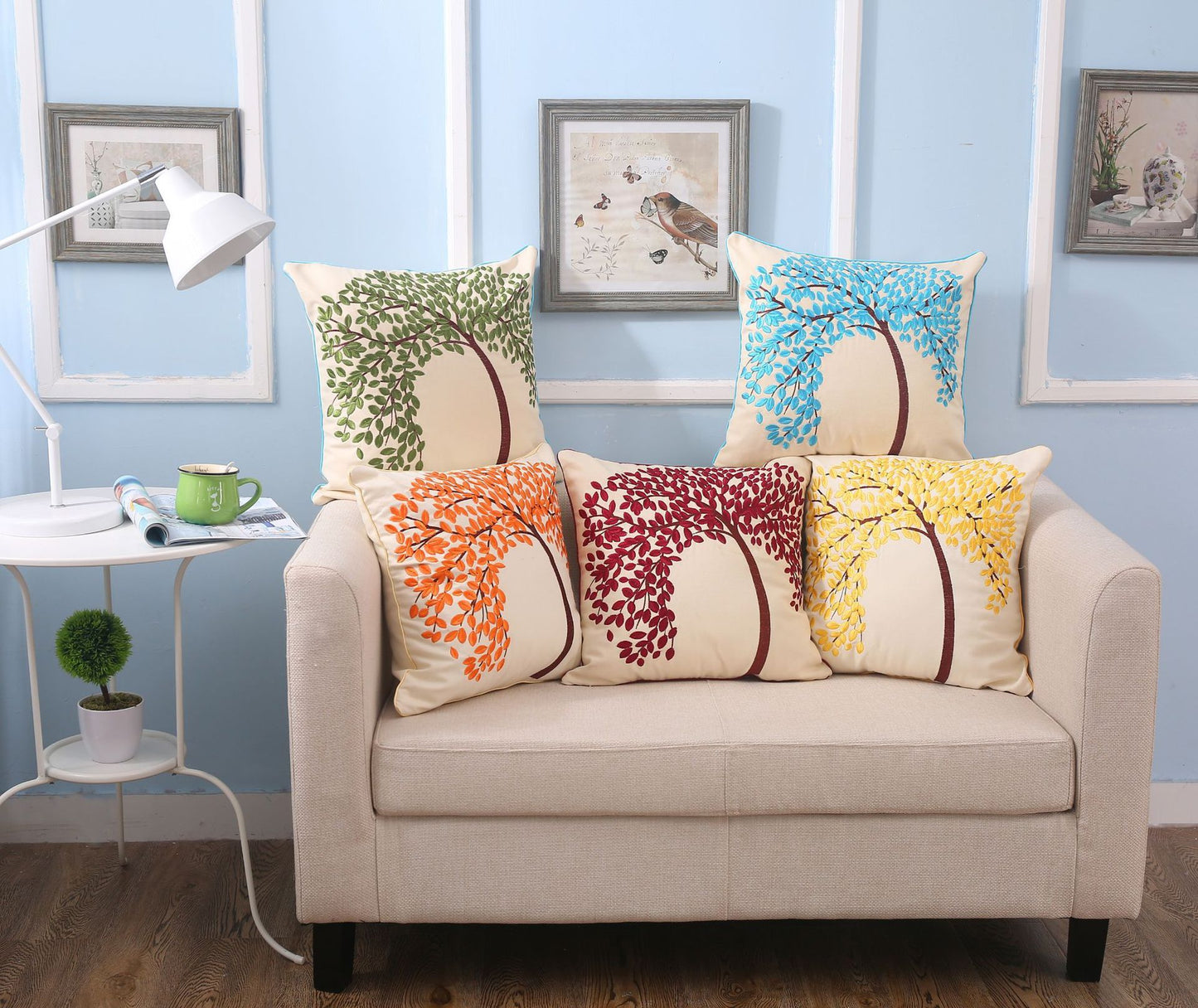 Flat Embroidery Silk Embroidered Cotton Canvas Pillow Pachira Macrocarpa Sofa