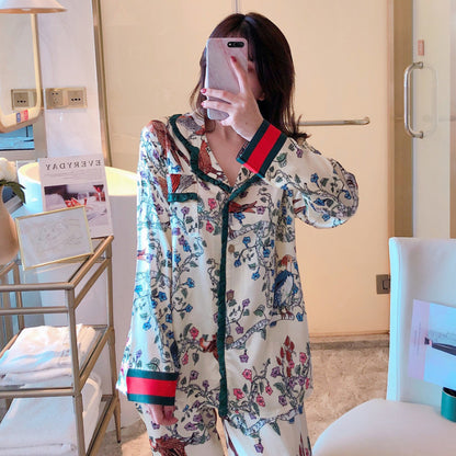 Women's long-sleeved trousers two-piece simulation silk Japanese kimono printed silk cardigan pajamas
