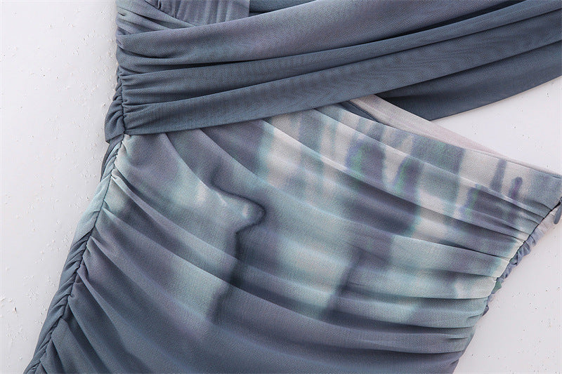 Women's Fashionable Simple Printed Silk Net Pleated Asymmetric Dress