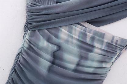Women's Fashionable Simple Printed Silk Net Pleated Asymmetric Dress