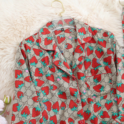 Women's Silk-like Two-piece Strawberry Long-sleeved Homewear