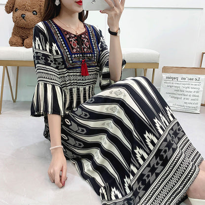 Skirt Crew Neck Ruffle Half Sleeve Cotton Silk Dress