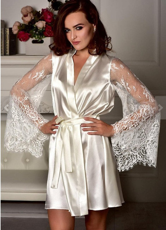 Lace perspective long-sleeved faux silk nightgown