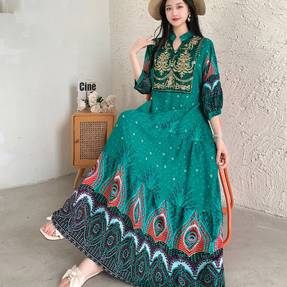 Long Skirt, Ethnic Style Dress, Women's Summer Cotton Silk Floral Print