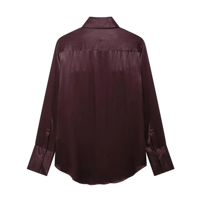 Women's Pocket Silk Satin Long-sleeved Shirt