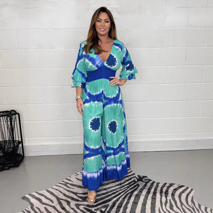 Women's Plus Size Tie-dye Printed Bell-sleeve Wide-leg Jumpsuit