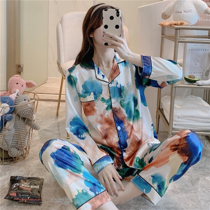 Ice Silk Pajamas Women's Long-sleeved Trousers Two-piece Set