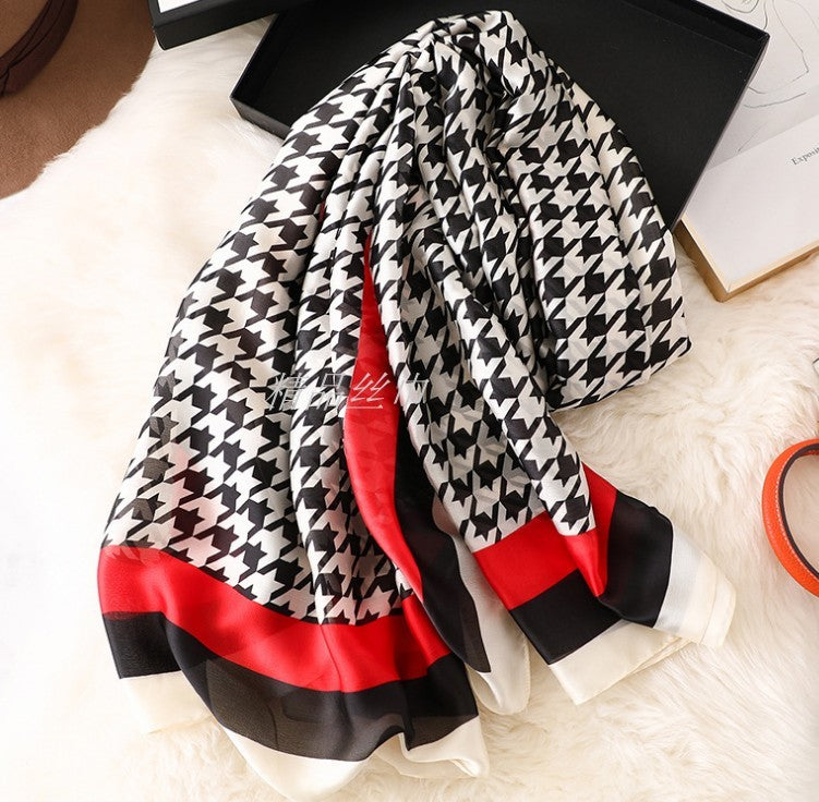 Imitated Silk Scarves Neck Protection Warm Houndstooth Fashion Temperament Long Wild Silk Scarf Satin Fashion Socialite Shawl