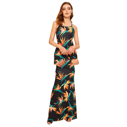 Women's Corset Milk Silk Maxi Suspender Print Dress