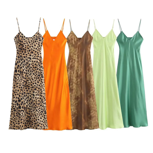 Women's Fashion Casual Silk Satin Sling Dress