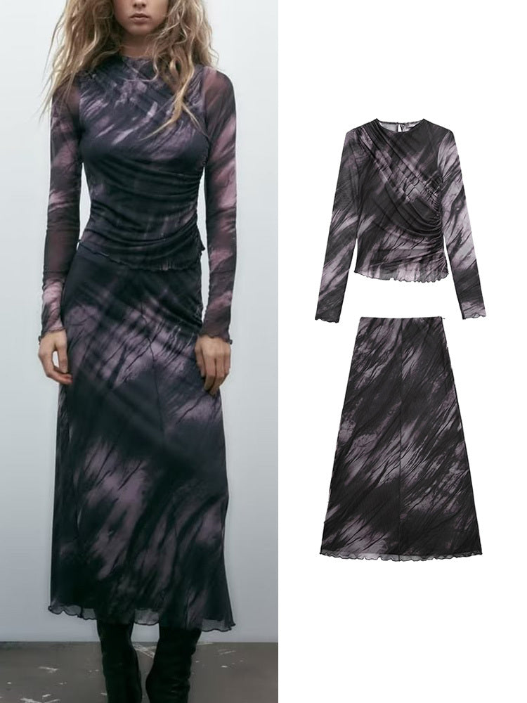 Pleated Floral Print Silk Mesh Dress Skirt