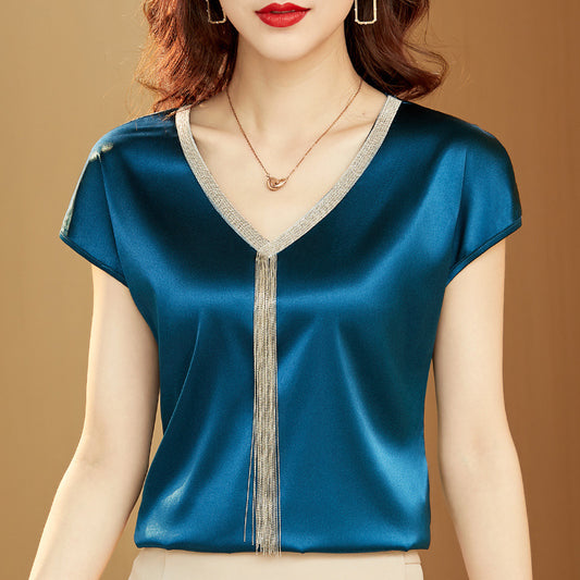 Silk Satin Loose Cropped Top With A Bottoming Shirt