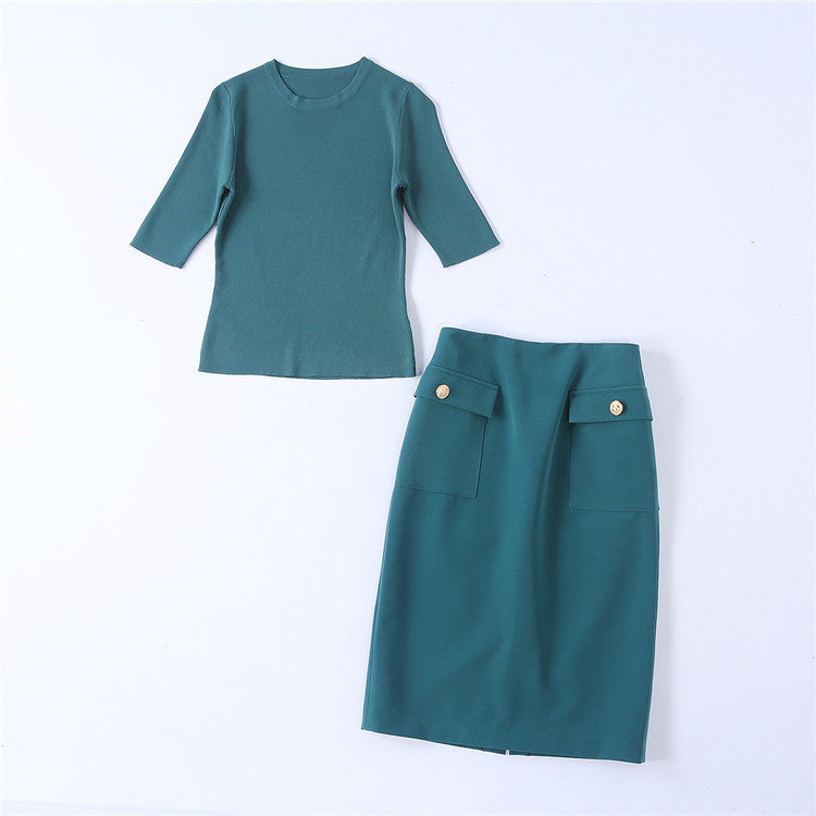 New Ice Silk Knitted Sweater Green Half Skirt